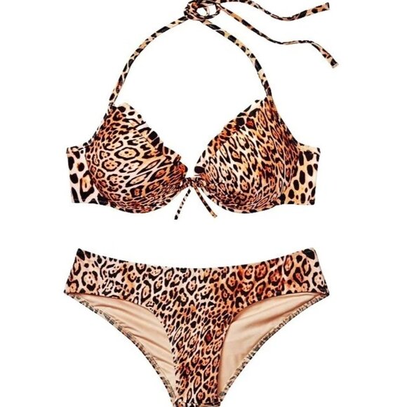 38C/L Victoria Secret Swim Push Up Top Bikini Set Cheeky Bottom Leopard Ruffle - Picture 2 of 11